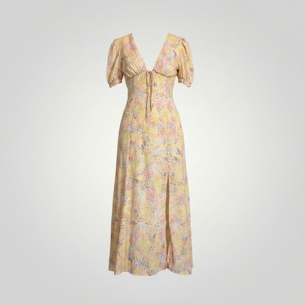 Floral Maxi Dress Women Small Pink Puff Sleeve Open Back Slit Prairie Picnic